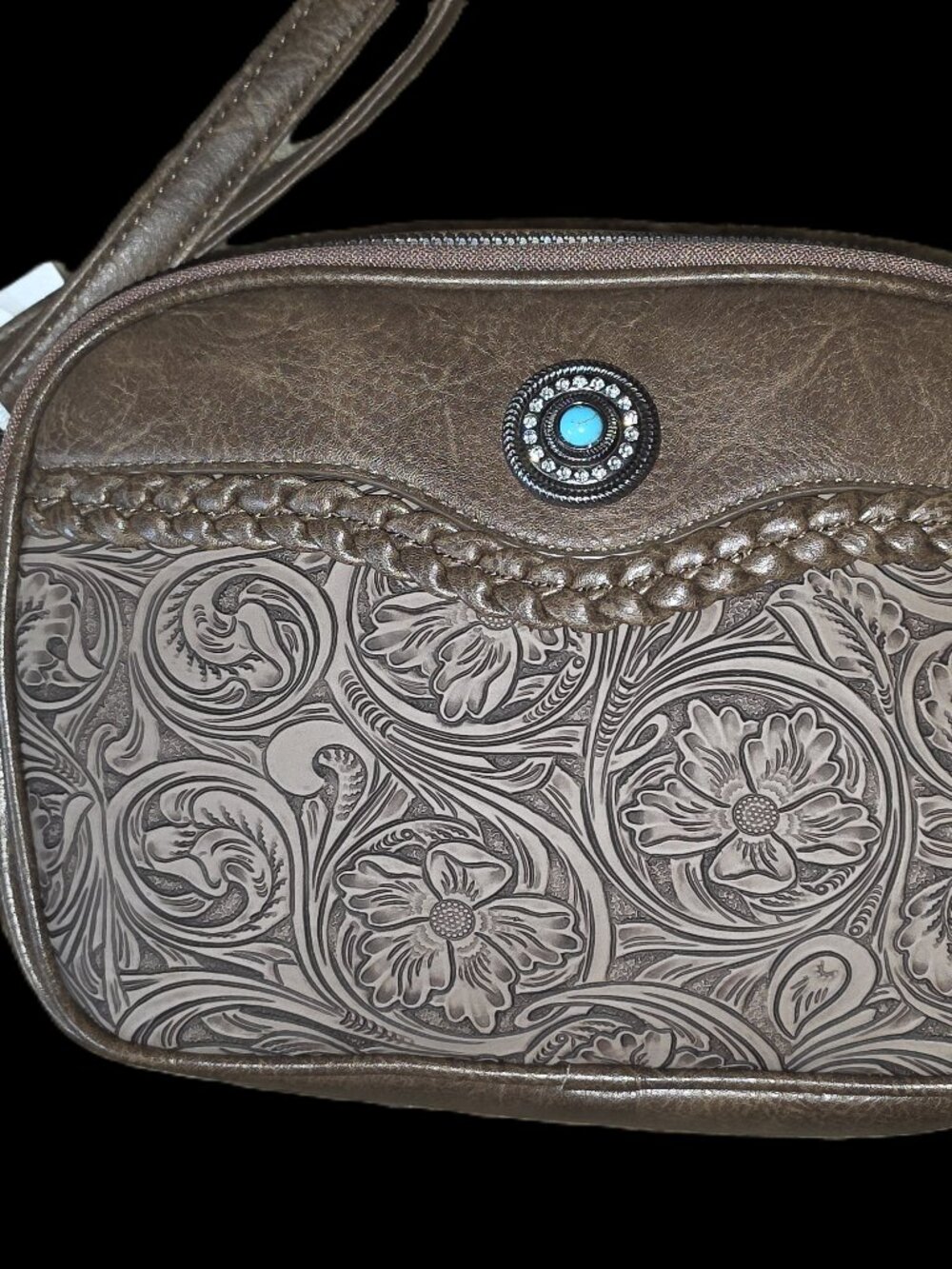 TOOLED Brown Faux Leather Women's Purse w turquoise Western Embossed NWT